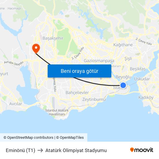 Eminönü (T1) to Atatürk Olimpiyat Stadyumu map