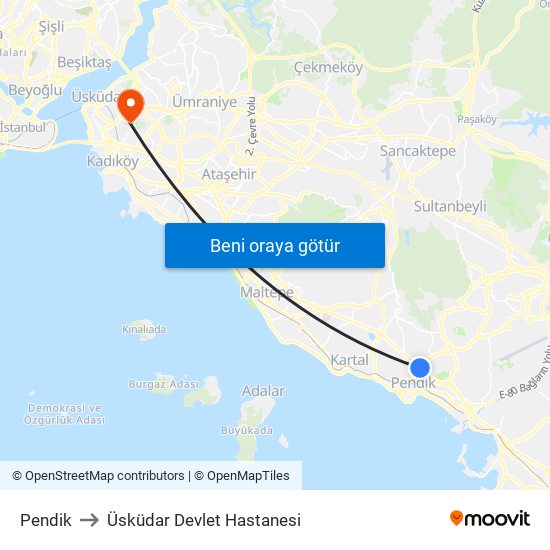 Pendik to Üsküdar Devlet Hastanesi map