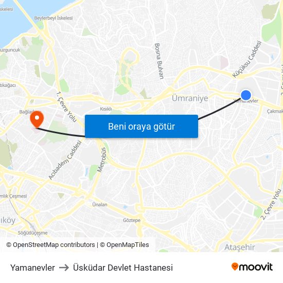 Yamanevler to Üsküdar Devlet Hastanesi map