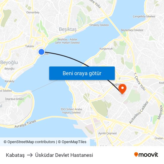 Kabataş to Üsküdar Devlet Hastanesi map