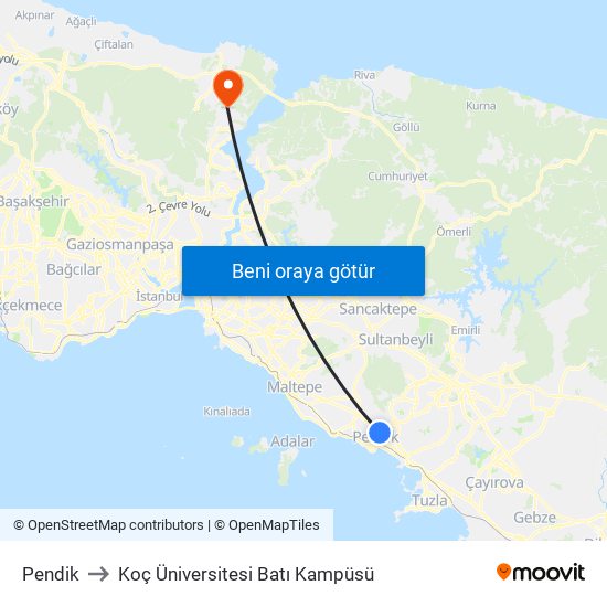 Pendik to Koç Üniversitesi Batı Kampüsü map