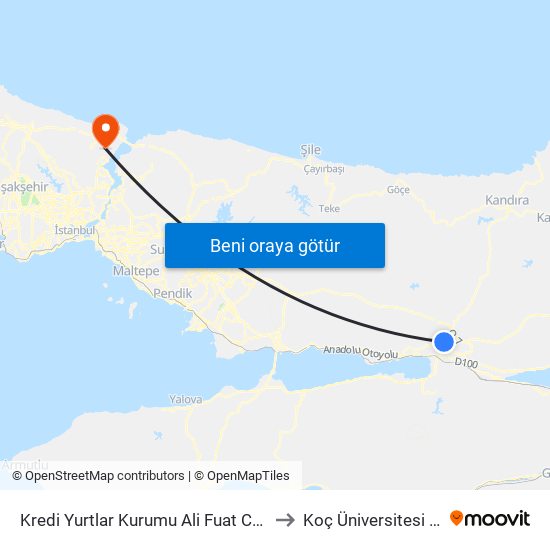 Kredi Yurtlar Kurumu Ali Fuat Cebesoy Öğrenci Yurdu 1 to Koç Üniversitesi Batı Kampüsü map