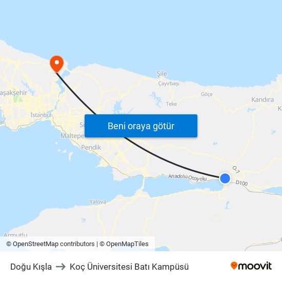 Doğu Kışla to Koç Üniversitesi Batı Kampüsü map