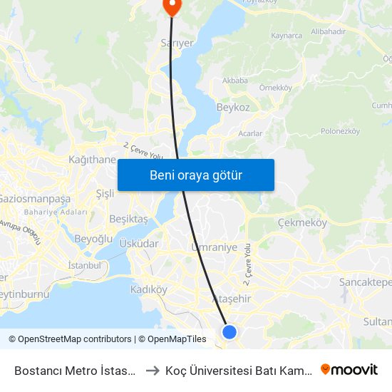 Bostancı Metro İstasyonu to Koç Üniversitesi Batı Kampüsü map