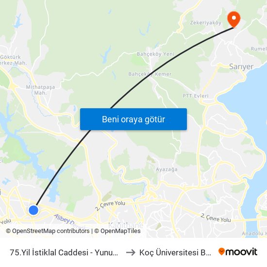 75.Yil İstiklal Caddesi - Yunus Emre Mah. Yönü to Koç Üniversitesi Batı Kampüsü map