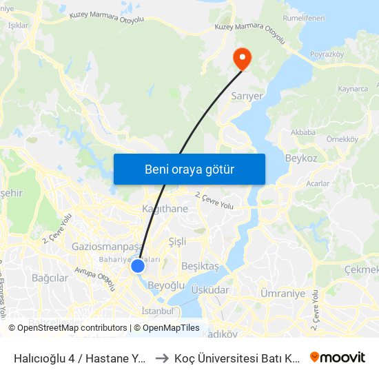 Halıcıoğlu 4 / Hastane Yolu Yönü to Koç Üniversitesi Batı Kampüsü map