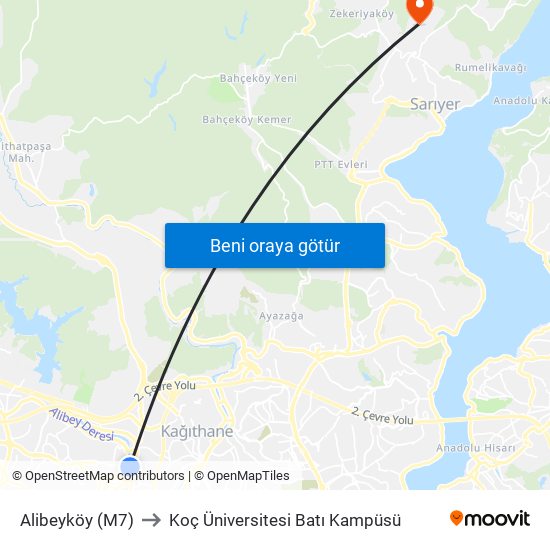 Alibeyköy (M7) to Koç Üniversitesi Batı Kampüsü map