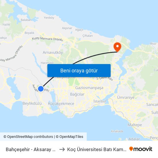 Bahçeşehir - Aksaray Yönü to Koç Üniversitesi Batı Kampüsü map