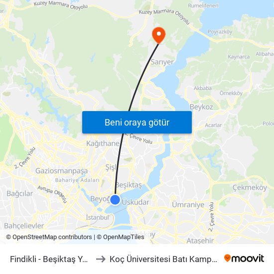 Findikli - Beşiktaş Yönü to Koç Üniversitesi Batı Kampüsü map