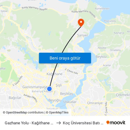 Gazhane Yolu - Kağithane Garaji Yönü to Koç Üniversitesi Batı Kampüsü map