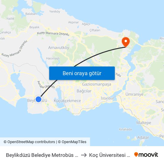 Büyükşehir Konutlar - Büyükçekmece Yönü to Koç Üniversitesi Batı Kampüsü map