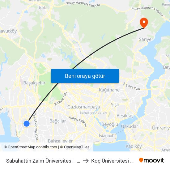Sabahattin Zaim Üniversitesi - Sefaköy-İkitelli Yönü to Koç Üniversitesi Batı Kampüsü map