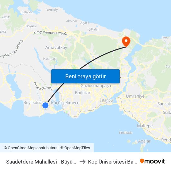 Saadetdere Mahallesi - Büyükçekmece Yönü to Koç Üniversitesi Batı Kampüsü map