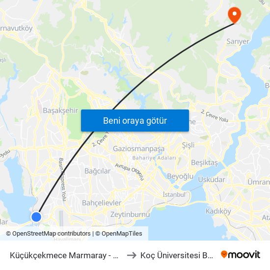 Küçükçekmece Marmaray - Peron (Bn2) Yönü to Koç Üniversitesi Batı Kampüsü map