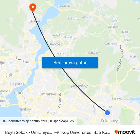 Beyti Sokak - Ümraniye Yönü to Koç Üniversitesi Batı Kampüsü map