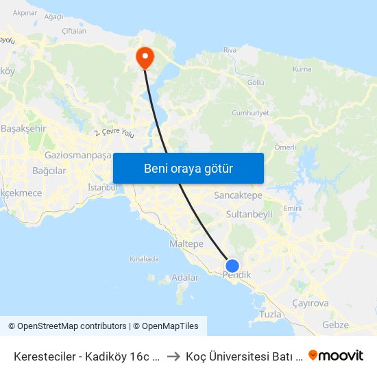 Keresteciler - Kadiköy 16c Yanyol Yönü to Koç Üniversitesi Batı Kampüsü map