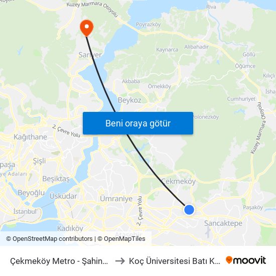 Çekmeköy Metro - Şahinbey Yönü to Koç Üniversitesi Batı Kampüsü map