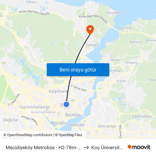 Mecidiyeköy Metrobüs - H2-78m-78be-146e-146m-92m-97bm Yönü to Koç Üniversitesi Batı Kampüsü map
