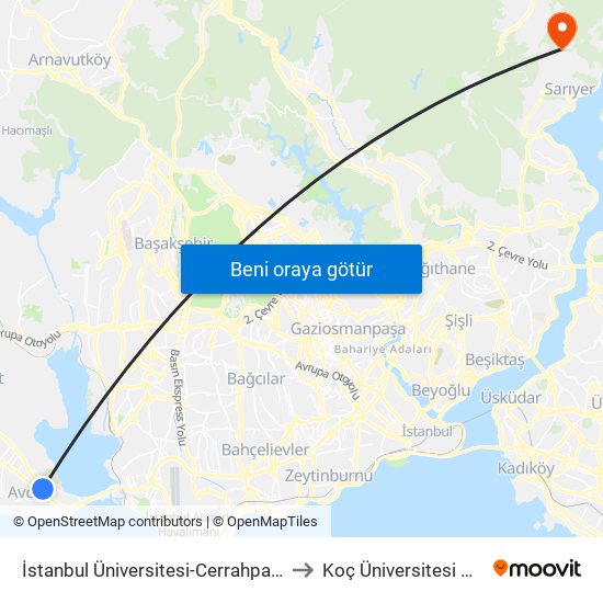 İstanbul Üniversitesi-Cerrahpaşa Avcilar Kampüsü to Koç Üniversitesi Batı Kampüsü map