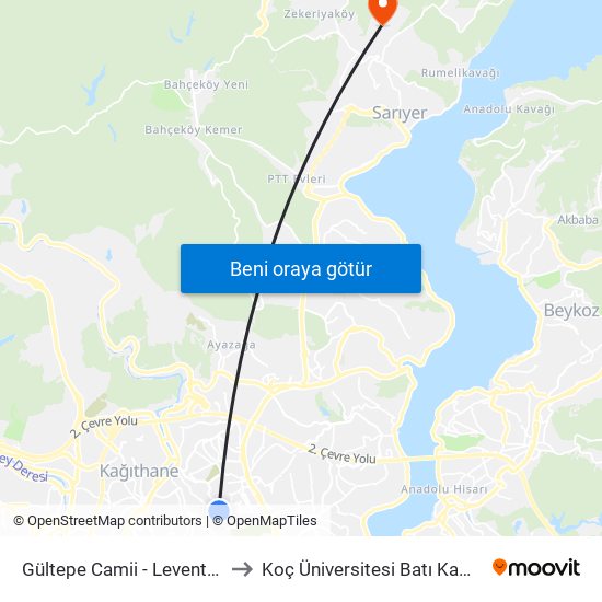 Gültepe Camii - Levent Yönü to Koç Üniversitesi Batı Kampüsü map