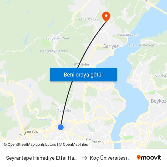 Seyrantepe Hamidiye Etfal Hastanesi - Levent Yönü to Koç Üniversitesi Batı Kampüsü map