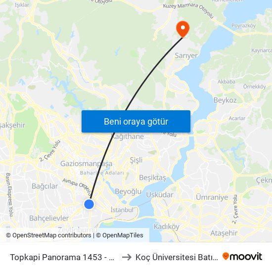 Topkapi Panorama 1453 - Topkapi Yönü to Koç Üniversitesi Batı Kampüsü map