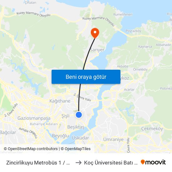 Zincirlikuyu Metrobüs 1 / Maslak Yönü to Koç Üniversitesi Batı Kampüsü map