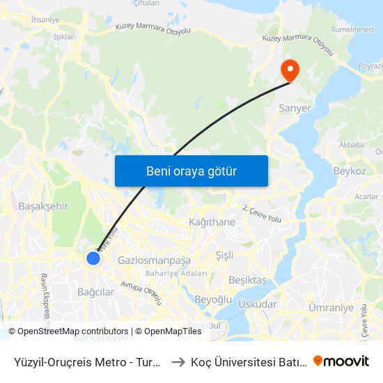 Yüzyil-Oruçreis Metro - Turgut Reis Yönü to Koç Üniversitesi Batı Kampüsü map