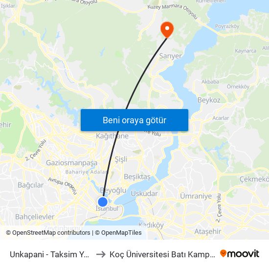 Unkapani - Taksim Yönü to Koç Üniversitesi Batı Kampüsü map