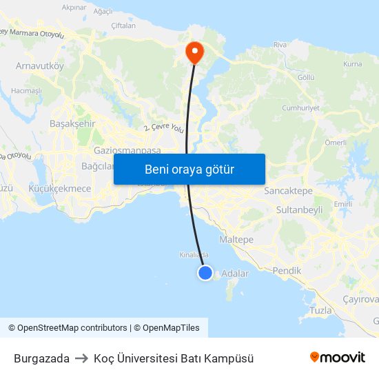 Burgazada to Koç Üniversitesi Batı Kampüsü map