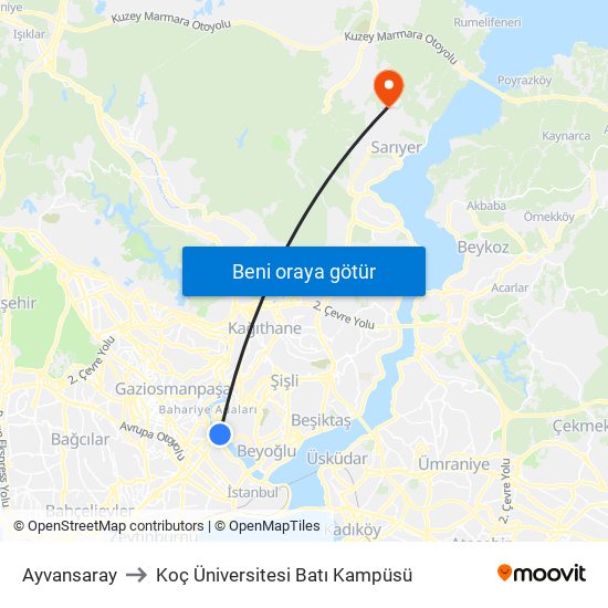 Ayvansaray to Koç Üniversitesi Batı Kampüsü map