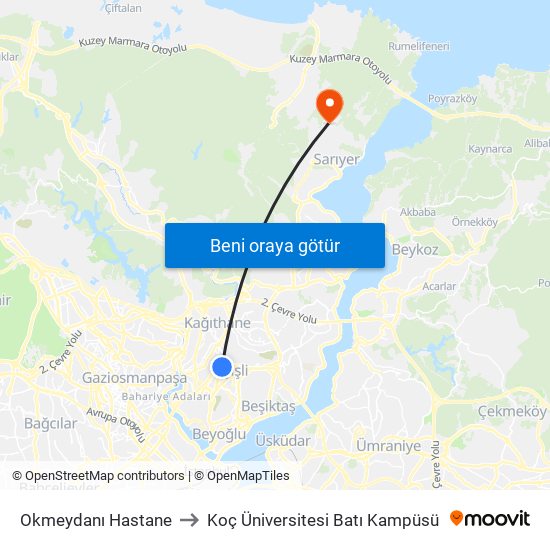 Okmeydanı Hastane to Koç Üniversitesi Batı Kampüsü map