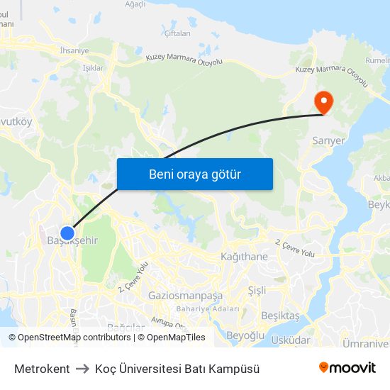 Metrokent to Koç Üniversitesi Batı Kampüsü map