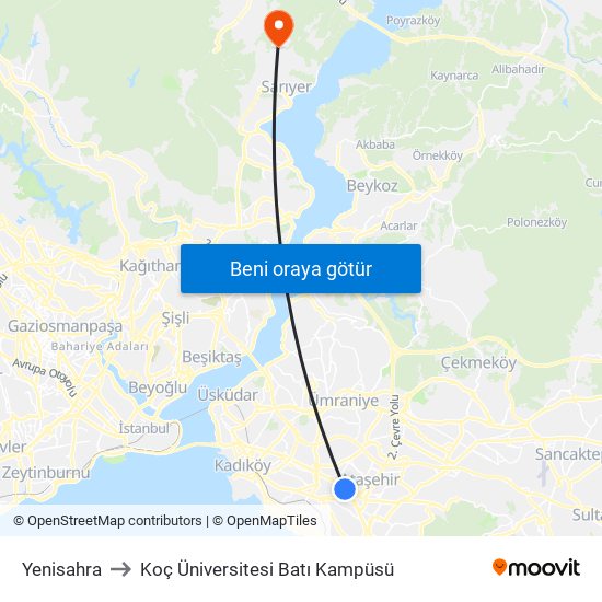 Yenisahra to Koç Üniversitesi Batı Kampüsü map