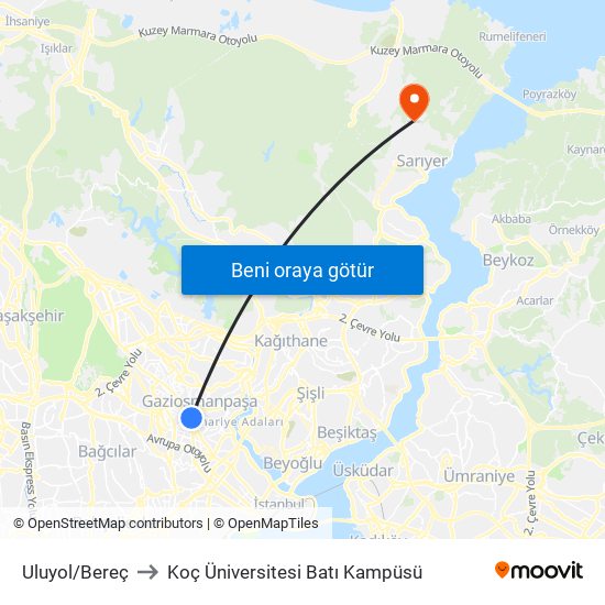 Uluyol/Bereç to Koç Üniversitesi Batı Kampüsü map