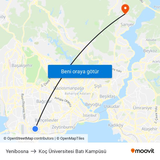 Yenibosna to Koç Üniversitesi Batı Kampüsü map