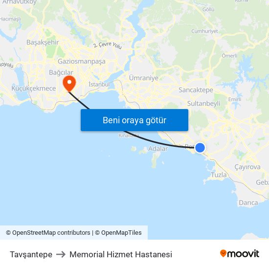 Tavşantepe to Memorial Hizmet Hastanesi map
