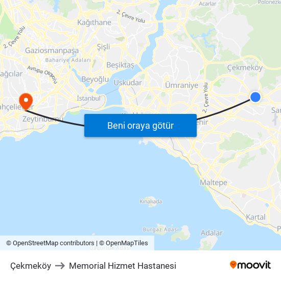 Çekmeköy to Memorial Hizmet Hastanesi map