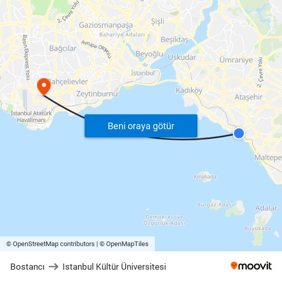 Bostancı to Istanbul Kültür Üniversitesi map