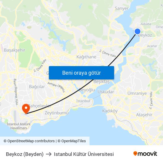 Beykoz (Beyden) to Istanbul Kültür Üniversitesi map