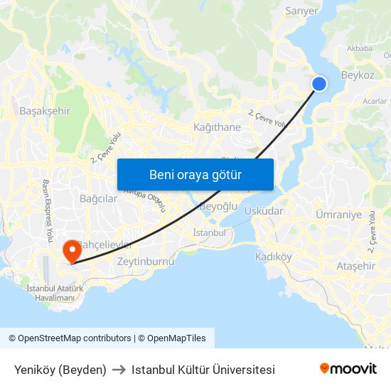 Yeniköy (Beyden) to Istanbul Kültür Üniversitesi map