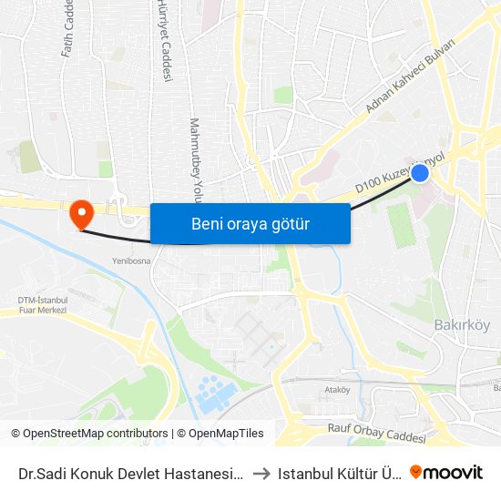 Dr.Sadi Konuk Devlet Hastanesi - Cevizlibag Yönü to Istanbul Kültür Üniversitesi map