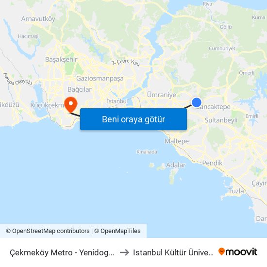Çekmeköy Metro - Yenidogan Yönü to Istanbul Kültür Üniversitesi map