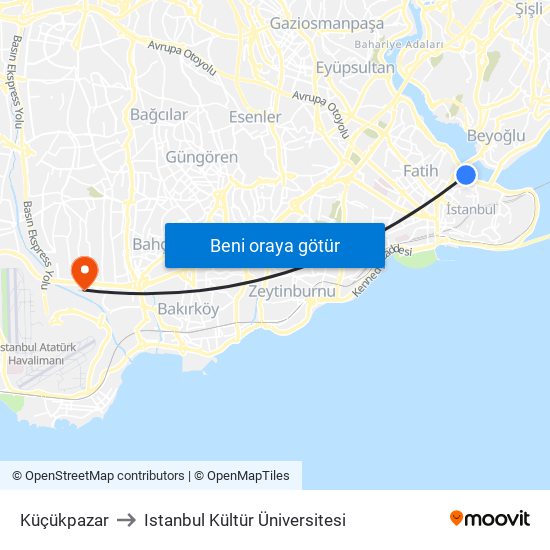 Küçükpazar to Istanbul Kültür Üniversitesi map