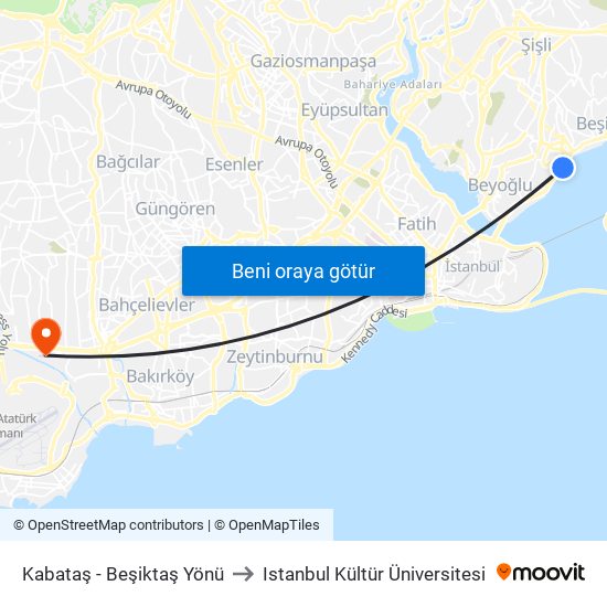 Kabataş - Beşiktaş Yönü to Istanbul Kültür Üniversitesi map