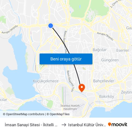 İmsan Sanayi Sitesi - İkitelli Garaji Yönü to Istanbul Kültür Üniversitesi map
