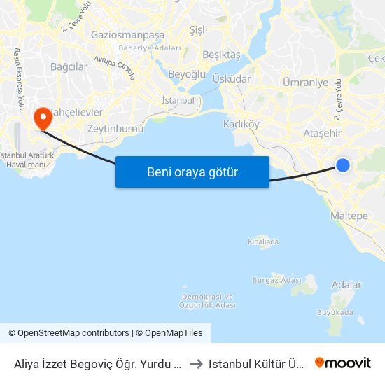 Aliya İzzet Begoviç Öğr. Yurdu - Maltepe Yönü to Istanbul Kültür Üniversitesi map