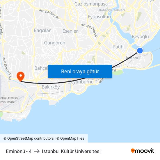Eminönü - 4 to Istanbul Kültür Üniversitesi map
