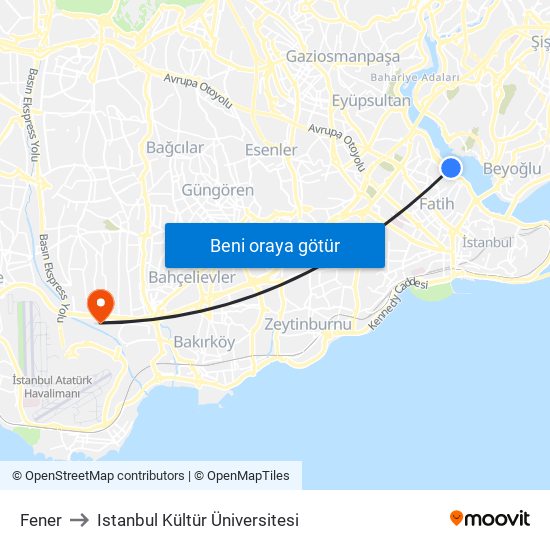 Fener to Istanbul Kültür Üniversitesi map
