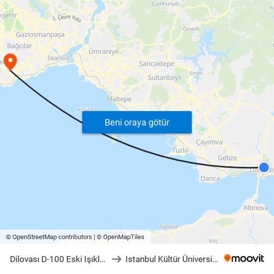 Dilovası D-100 Eski Işıklar 1 to Istanbul Kültür Üniversitesi map